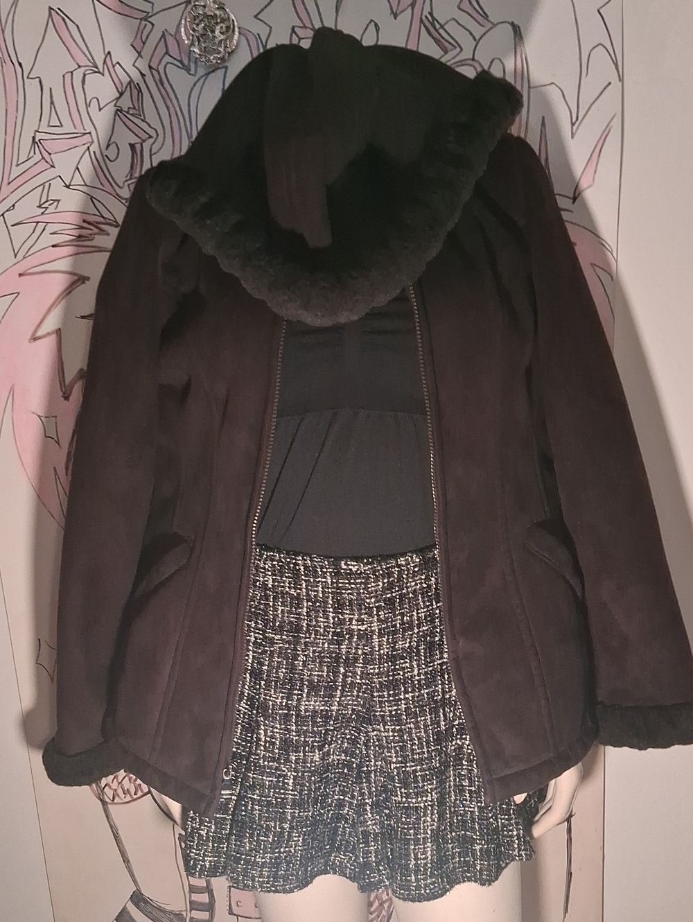 Women's Dark Brown Faux-Suede Hooded Jacket with Faux-Fur Trim